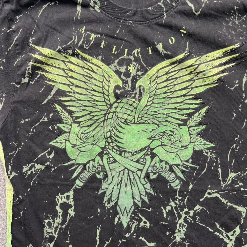 Affliction‎ T Shirt Mens Small Black Green Black Label Marble Winged Graphic Tee